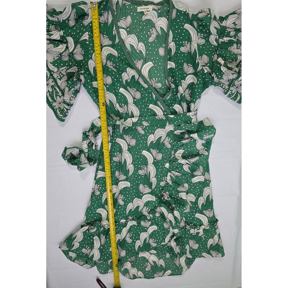 MaxStudio Green Floral Polka Dot Ruffle Wrap Dress Flutter Sleeve 8912C60 Medium - Picture 10 of 16